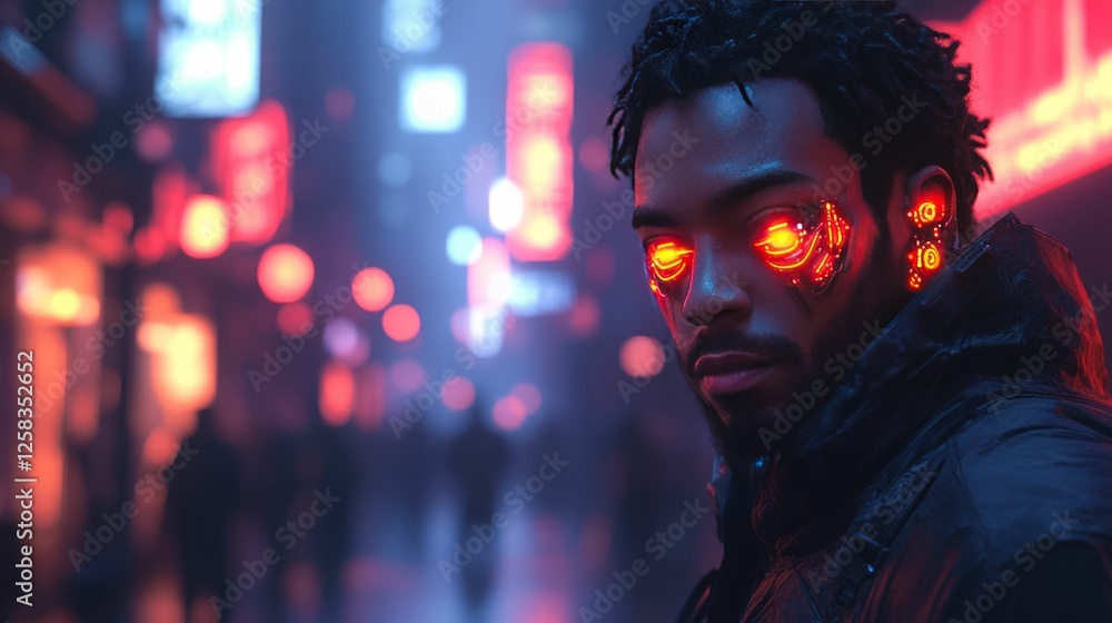 Sticker Futuristic man glowing eyes neon city night