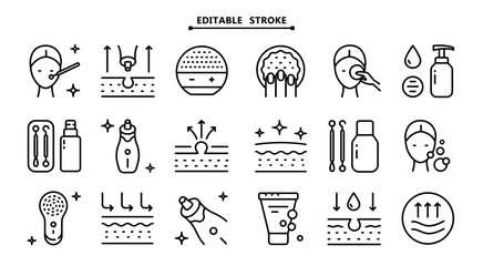 Skin care icons set. Editable stroke. Facial Skin Cleaner icons set. Facial cleansing Home Beauty Device icons set