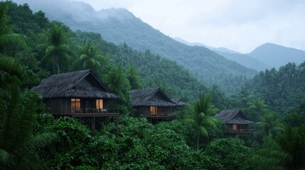 Fototapeta premium Serene Jungle Retreat with Wooden Cabins Amidst Lush Green Mountains