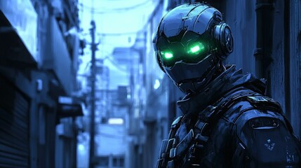 Fototapeta premium Futuristic soldier stands in dark urban alley.
