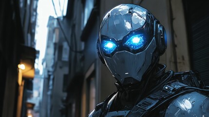 Fototapeta premium Futuristic robot stands in urban alleyway.