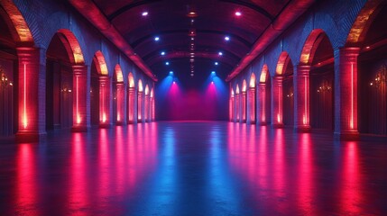 Fototapeta premium Vibrant, illuminated warehouse interior with colorful lighting and reflections, ideal for events