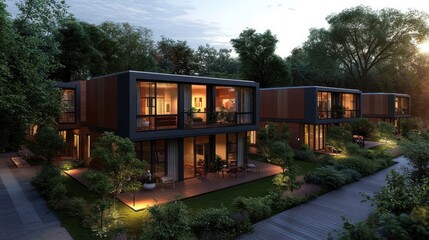 Modern homes, wooded area, twilight, outdoor living