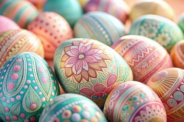 Fototapeta premium Pastel Easter Eggs with Intricate Line Art Designs - Spring Holiday Decoration
