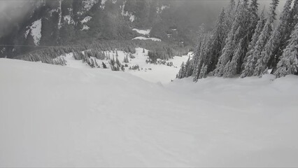 Scenic View Of A Snow-covered Mountain Range With Dense Forest And A Ski Lift In Winter