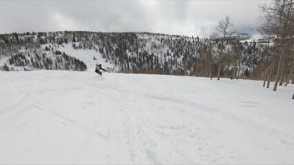 Adventurous Individual Skillfully Snowboarding Down A Pristine, Snow-covered Mountain Slope