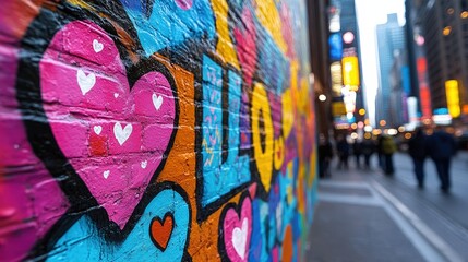 A lively mural in Times Square featuring bright, colorful hearts symbolizing love and joy, capturing the essence of urban art and community spirit in New York City.