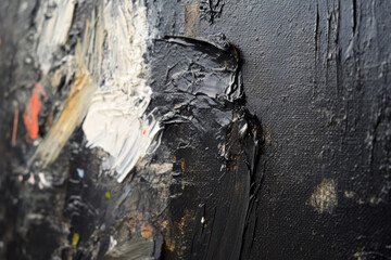Close-up of black painted canvas, textured and slightly rough, with traces of brushstrokes adding depth and movement.
