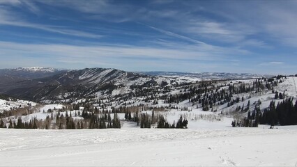 Scenic View Of Majestic Snow-covered Mountain Range With Verdant Pine Trees