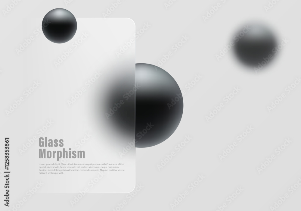 Poster website landing page template in glass morphism style. frosted glass partition with floating black s
