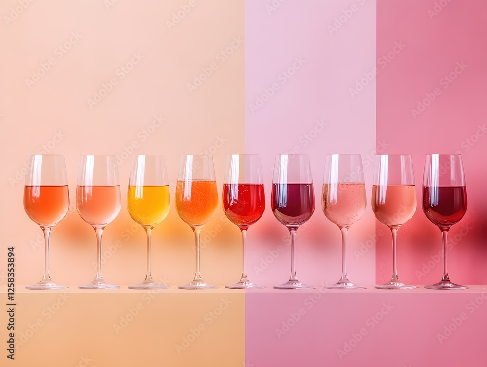 Poster elegant lineup of wine glasses displaying a spectrum of colors on a modern background