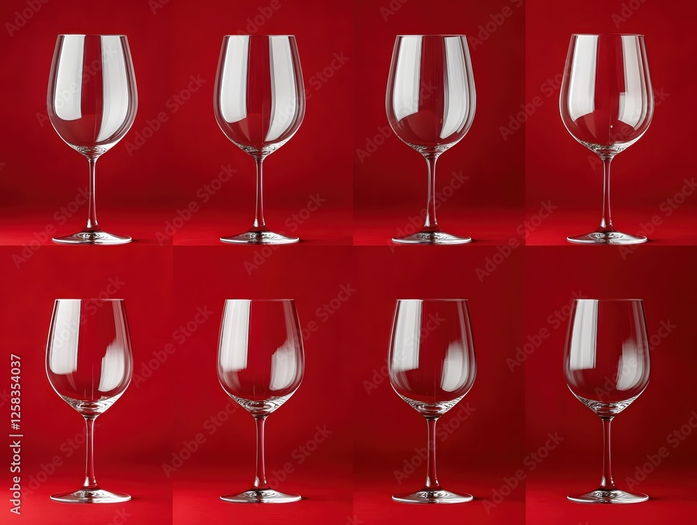 Poster elegant wine glass array on vibrant red backdrop displaying refraction and sophistication