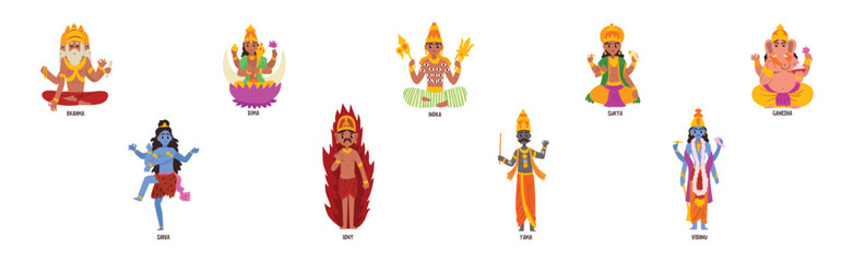 Ancient Indian Hindu Gods and Goddess Vector Set