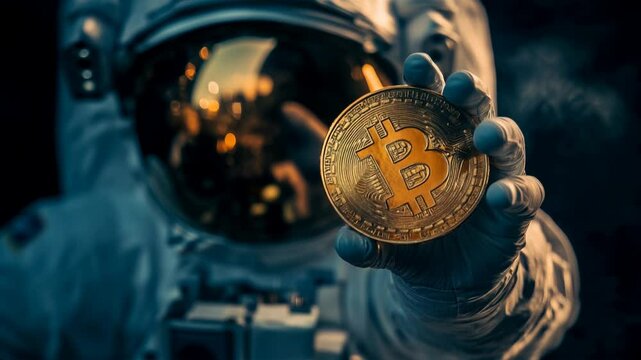astronaut holding bitcoin in space. moves the coin closer towards the camera