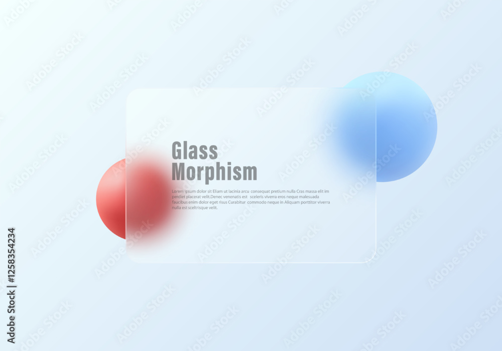 Poster glass morphism website landing page template. transparent glass partition with floating blue and red