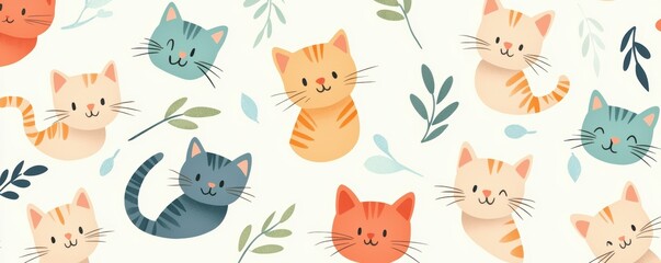 A hand-drawn pattern of tiny pastel-colored kittens, each with different cute expressions, on a soft cream-colored background
