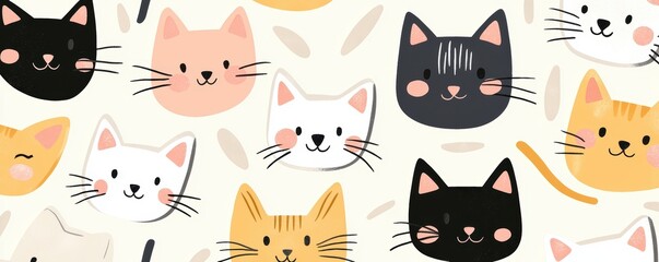 A hand-drawn pattern of tiny pastel-colored kittens, each with different cute expressions, on a soft cream-colored background