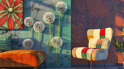 Vivid 3D rendering of dandelions on a wall, with a vibrant garden room mockup on the side.