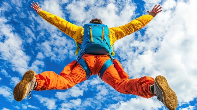Person skydiving, arms and legs outstretched, vibrant colors,  backpack,  blue sky,  clouds.