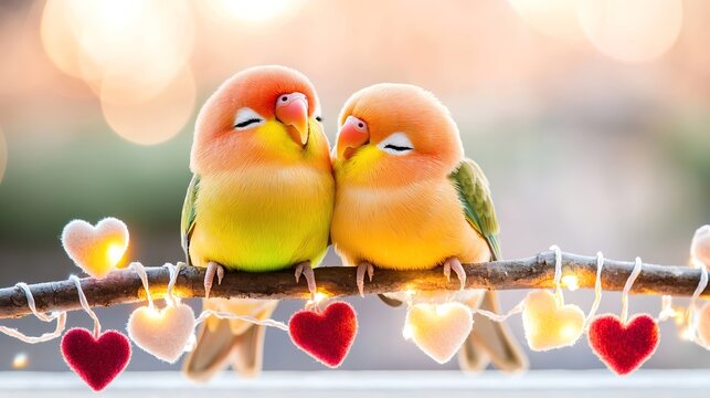 An adorable image of two cartoonish lovebirds cozily resting on a branch, surrounded by luminous hearts, portraying a lighthearted expression of love and affection.