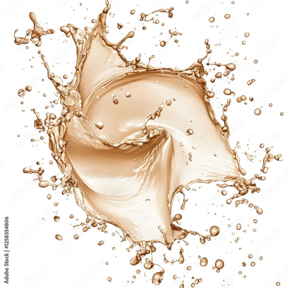 Poster dynamic liquid splash with swirling motion and droplets on clean white backdrop for creative design