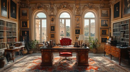 Grand study sunlit ornate office opulent decor