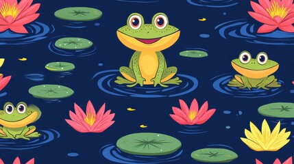 Animated Frog Pond Serenity, Lotus Blooms and Smiling Amphibians