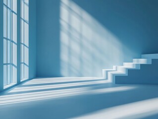 Obraz premium Bright blue room with elegant shadows and stairs.