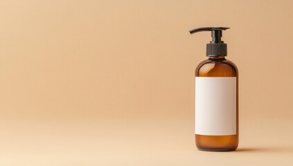 A blank white label on an amber glass bottle with a pump for body wash or shampoo, set against a neutral beige background.