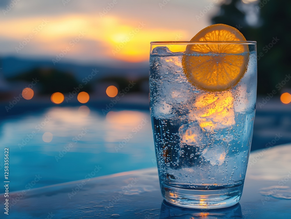 Poster refreshing drink with lemon slice by the pool at sunset creating a relaxing vacation vibe