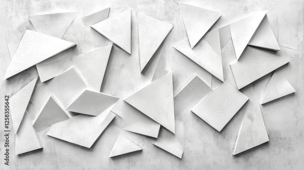 Poster angular assemblage, 3d white triangles on textured gray background