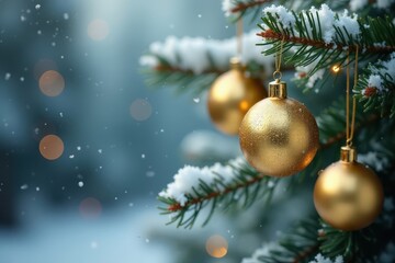 Elegant gold ornaments on snowy pine branches, winter decor, ornaments