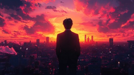 Fototapeta premium Man contemplates fiery cityscape sunset