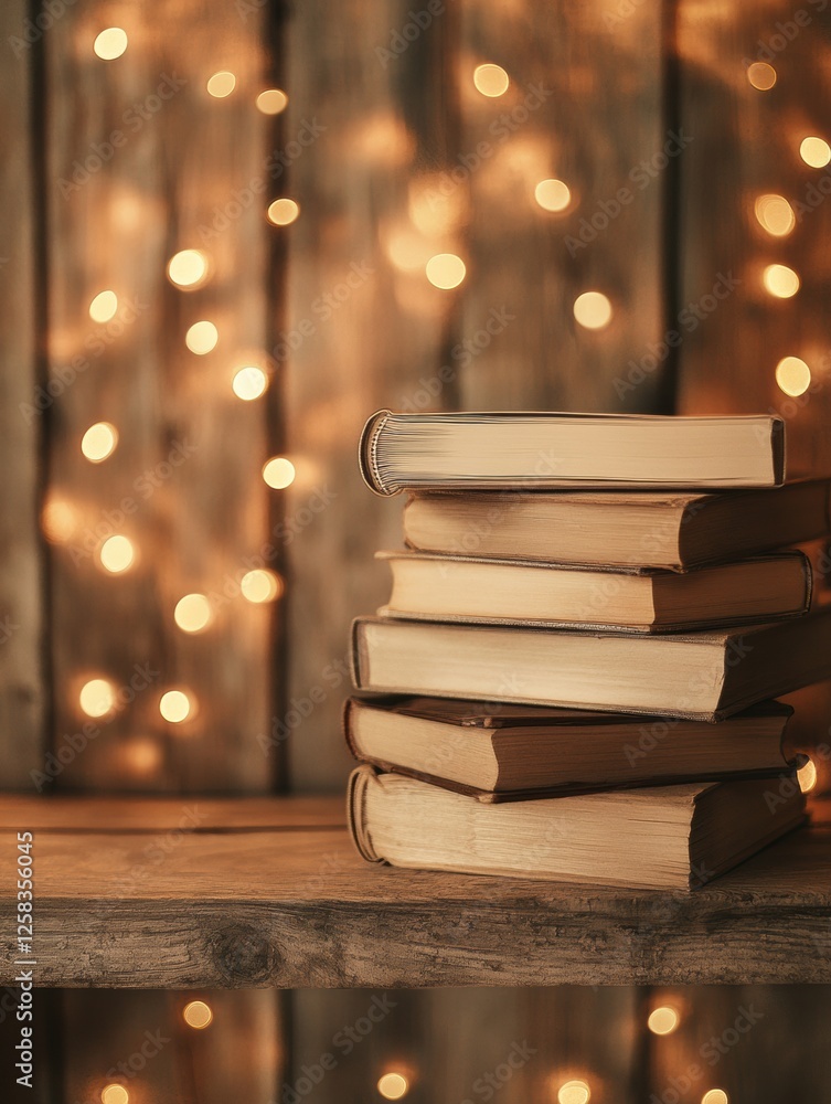 Aufkleber Stack of books on rustic wooden shelf with warm fairy lights in the background for cozy reading atmosphere. Generative AI
