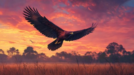 Fototapeta premium Majestic Eagle Soaring Across a Vibrant Sunset Sky Over Fields