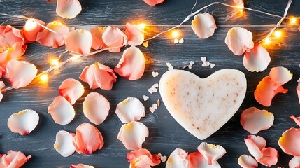 An elegant composition featuring a heart-shaped soap surrounded by an array of soft, fragrant rose petals, highlighting the romantic essence of self-care,