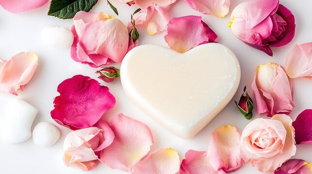 A luxurious heart-shaped soap captured in sharp detail, surrounded by fresh rose petals in various shades of pink, exuding a sense of pampering and elegance,