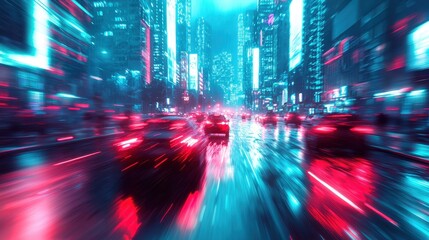 Urban Nightscape with Neon Lights and Rainy Reflections