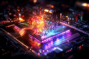Fototapeta premium Hyper-realistic depiction of a quantum computer’s quantum circuit with illuminated pathways of data flowing through quantum gates, reflecting multi-colored light