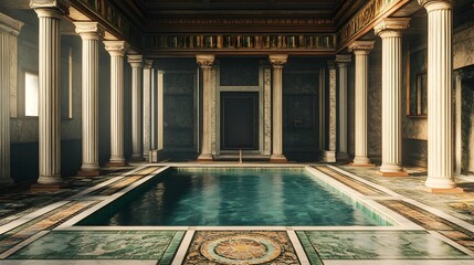 Obraz premium Ancient Roman Bathhouse with Pool: Marble Columns and Intricate Mosaics