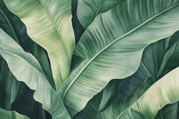 Obraz premium Close-up of green banana leaf with detailed veins, fresh and tropical, natural symmetry.