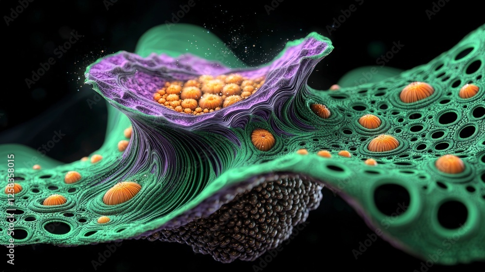 Poster abstract 3d render of intricate organic structure with glowing spheres