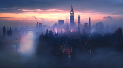Naklejka premium Misty City Skyline at Sunset, High-Rise Buildings, Urban Landscape
