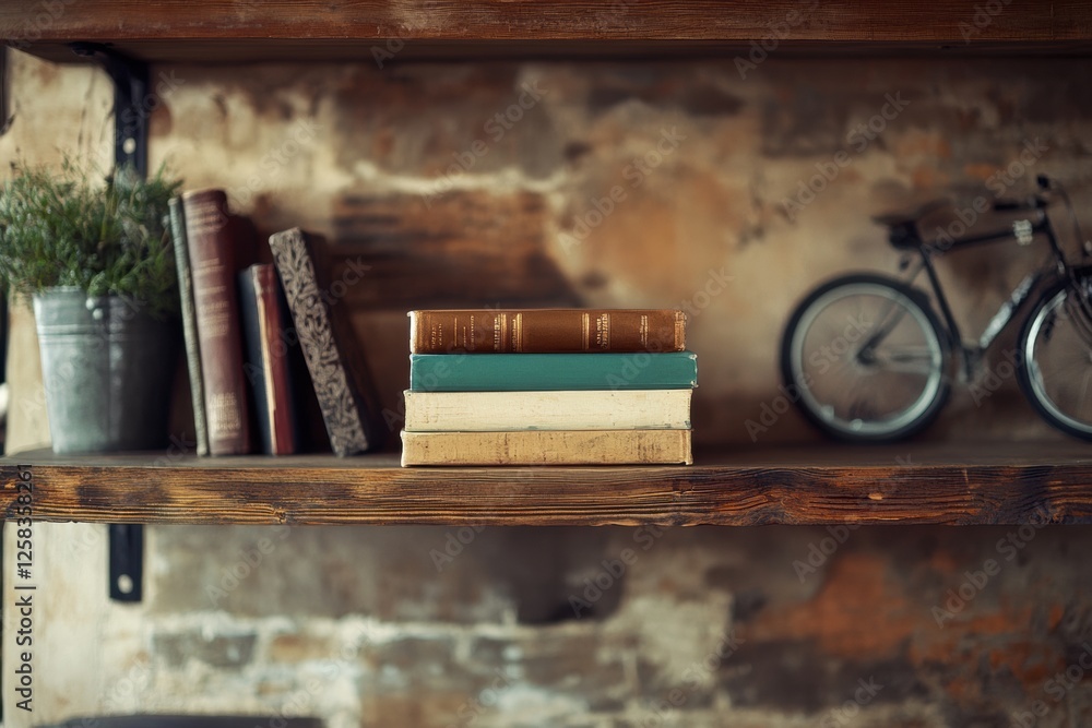 Poster Beautiful rustic wooden shelf showcasing a stack of books and decorative items in a cozy environment. Generative AI