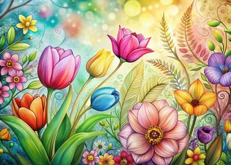Pastel Spring Flower Doodle Art Background - High Resolution Stock Photo