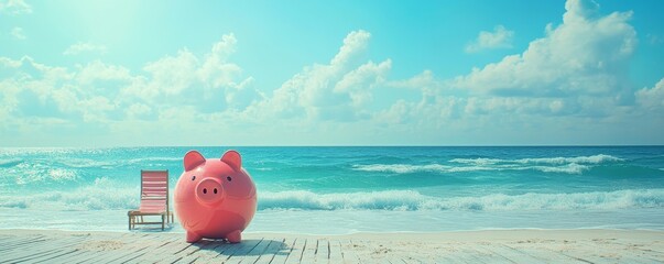 Pink Piggybank On Deck Chair At Beach