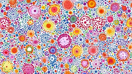 Colorful Abstract Dot Pattern with Flowers and Shapes on White Background