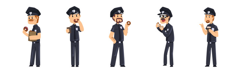 Man Police Officer in Uniform Eat Donut and Drink Coffee Vector Set