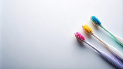 Three pastel-colored toothbrushes arranged on a white surface