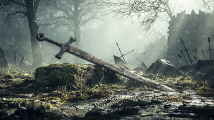 A legendary sword embedded in the ground, surrounded by crumbling ancient war ruins